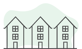 An illustration of three townhomes on a teal background.