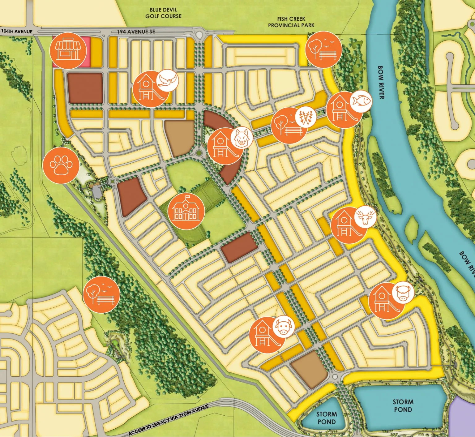 An illustrated map of Wolf Willow with icons for each park and school.