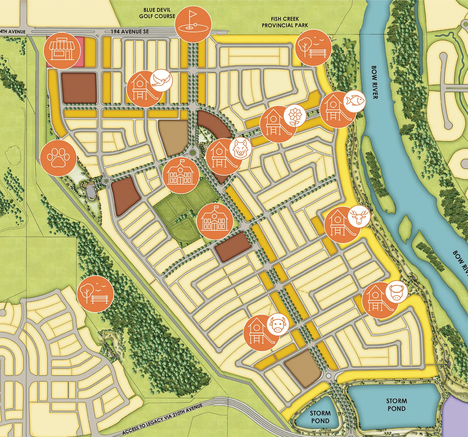 An illustrated map of Wolf Willow with icons for each park and school.