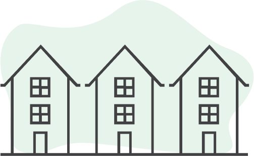 An illustration of three townhomes on a teal background.