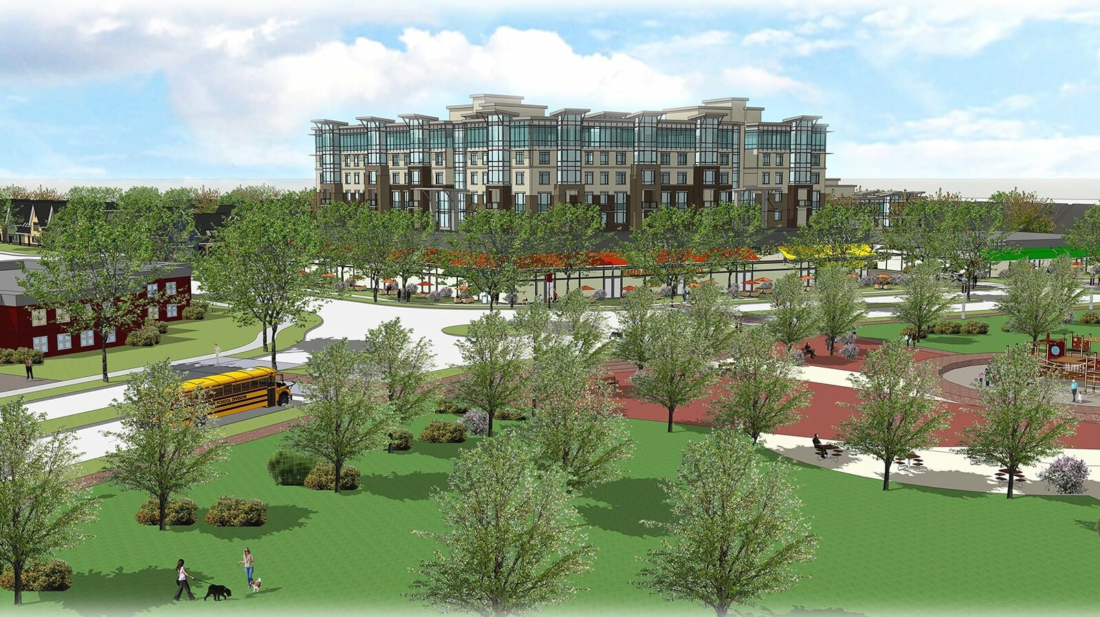 A rendering of Wolf Willow parks and buildings with a school bus.