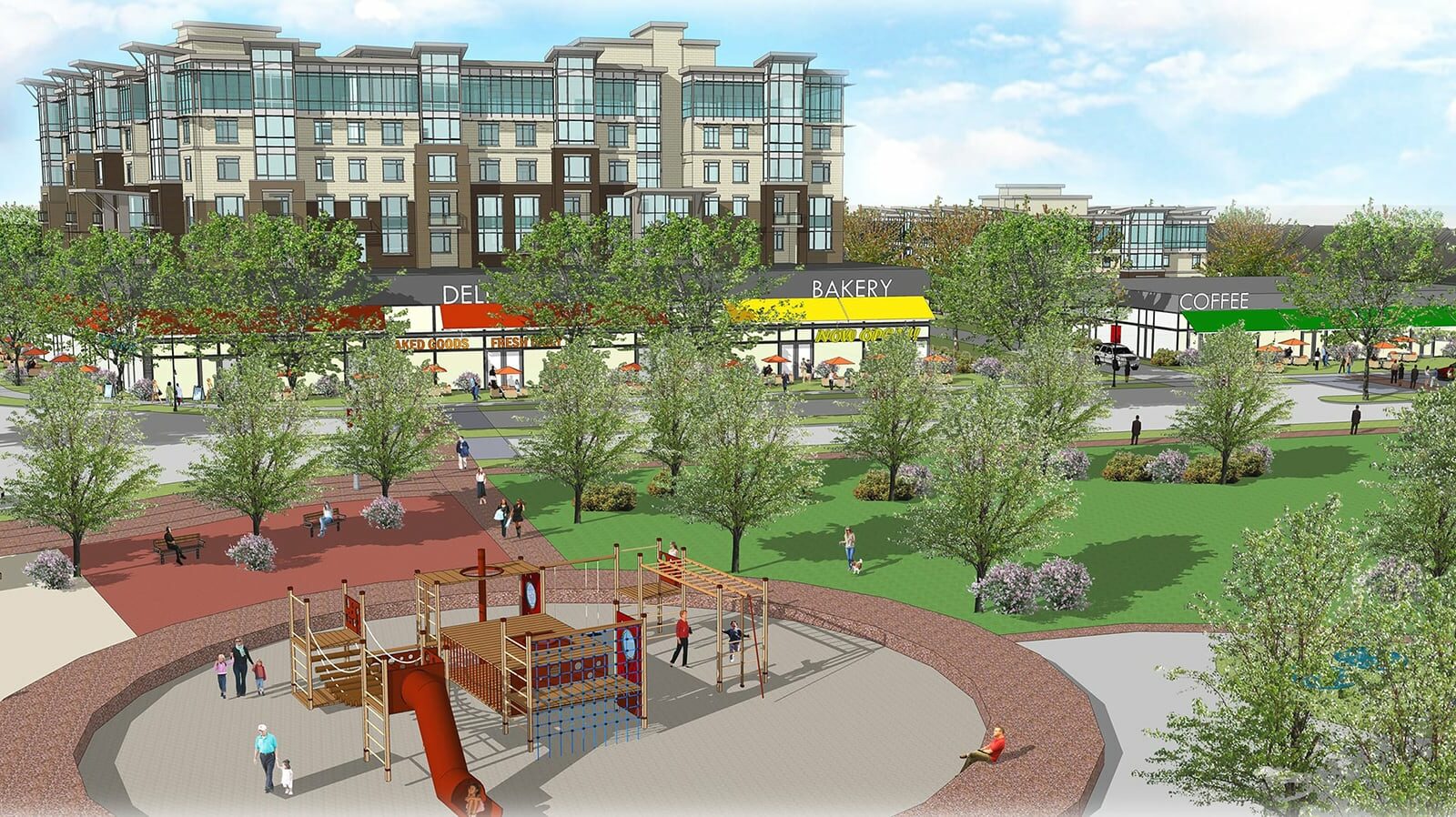 A rendering of a playground with commercial buildings nearby.