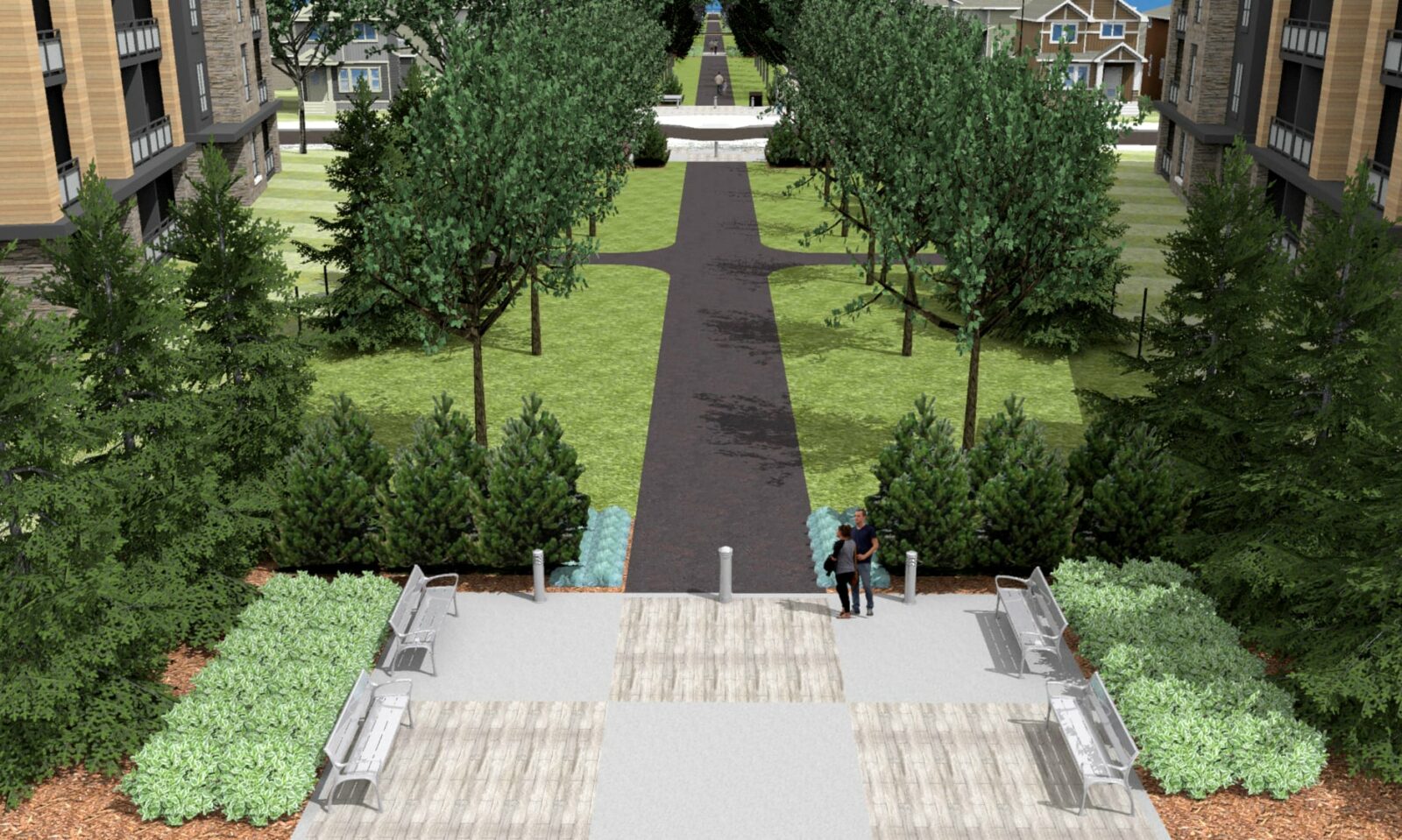 A rendering of park space with benches and trees in Wolf Willow.