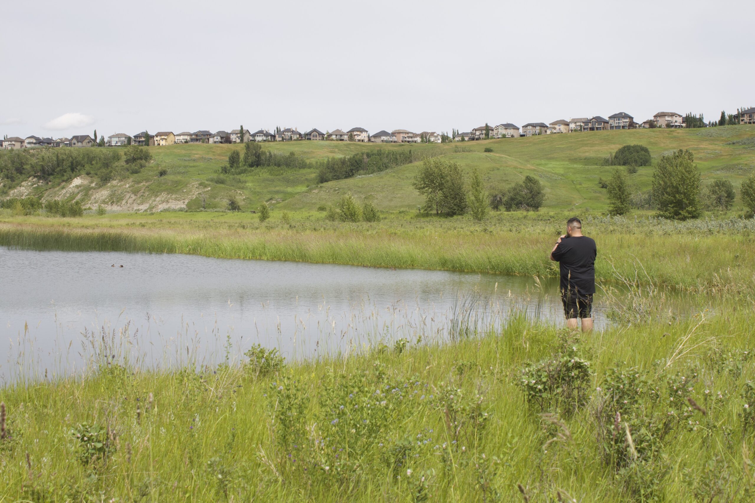 A person stands in a grassy area near a body of water in Wolf Willow.