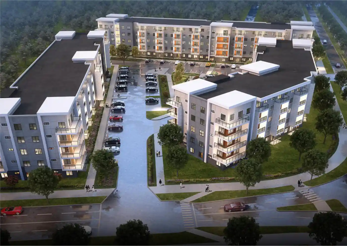 Aerial view of a contemporary condo complex offering a modern and vibrant residential community.