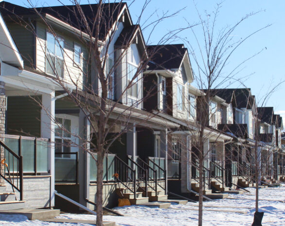 A row of houses with snow in the front yards and bare trees.