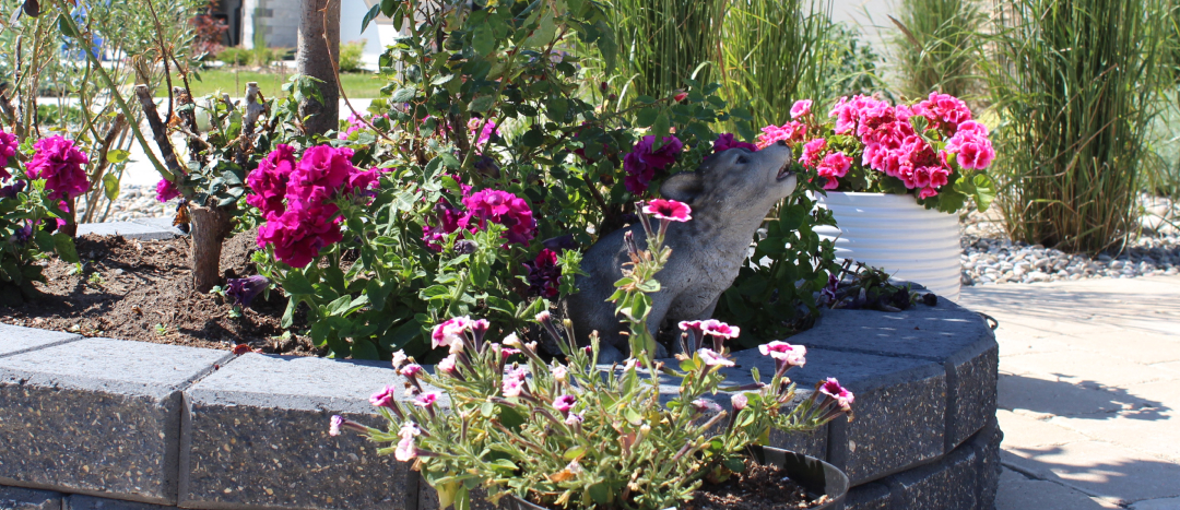 a statue of a wolf howling in a bed of flowers