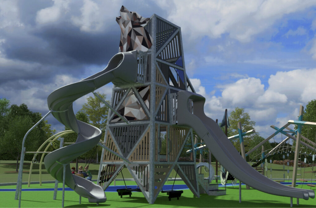 The wolf-themed play structure at a new playground in Wolf Willow.