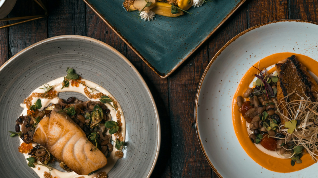 Close-up of beautifully plated restaurant dishes highlighting South Calgary's quality dining options
