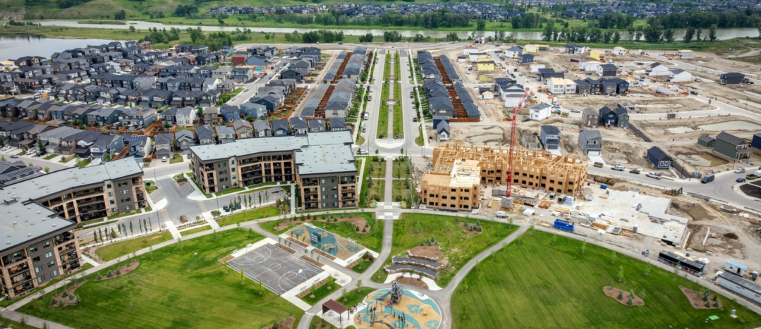 Aerial view of the WestCreek Developments community Wolf Willow in Southeast Calgary
