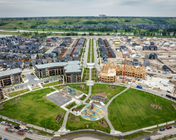 Aerial view of the WestCreek Developments community Wolf Willow in Southeast Calgary