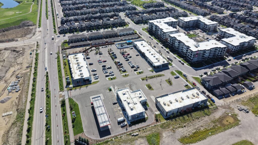 Aerial view of Wolf Willow Crossing commercial area
